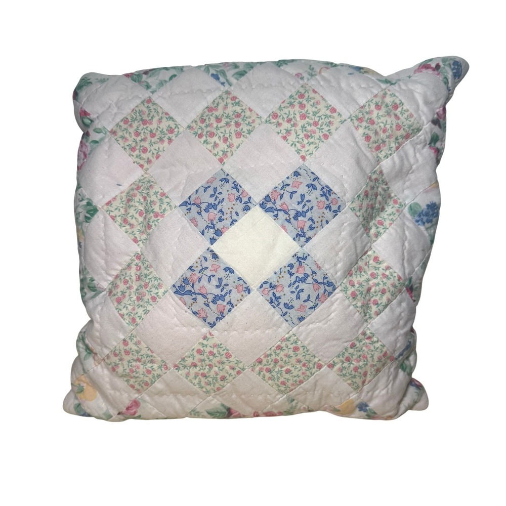 Handmade Quilted Patchwork Floral Throw Pillow Cottagecore Shabby Farmhouse VTG